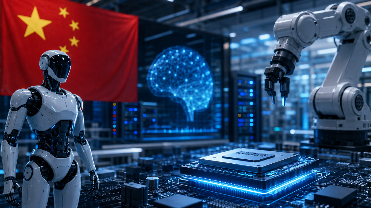 A futuristic conceptual image of a Chinese artificial intelligence and robotics laboratory. On the left, a sleek white and black humanoid robot stands in front of a large red Chinese national flag hanging in the background. In the center, a glowing blue microchip on a circuit board projects a digital, glowing blue brain graphic. On the right, a white industrial robotic arm performs high-precision tasks, all set against a dark, high-tech engineering background.