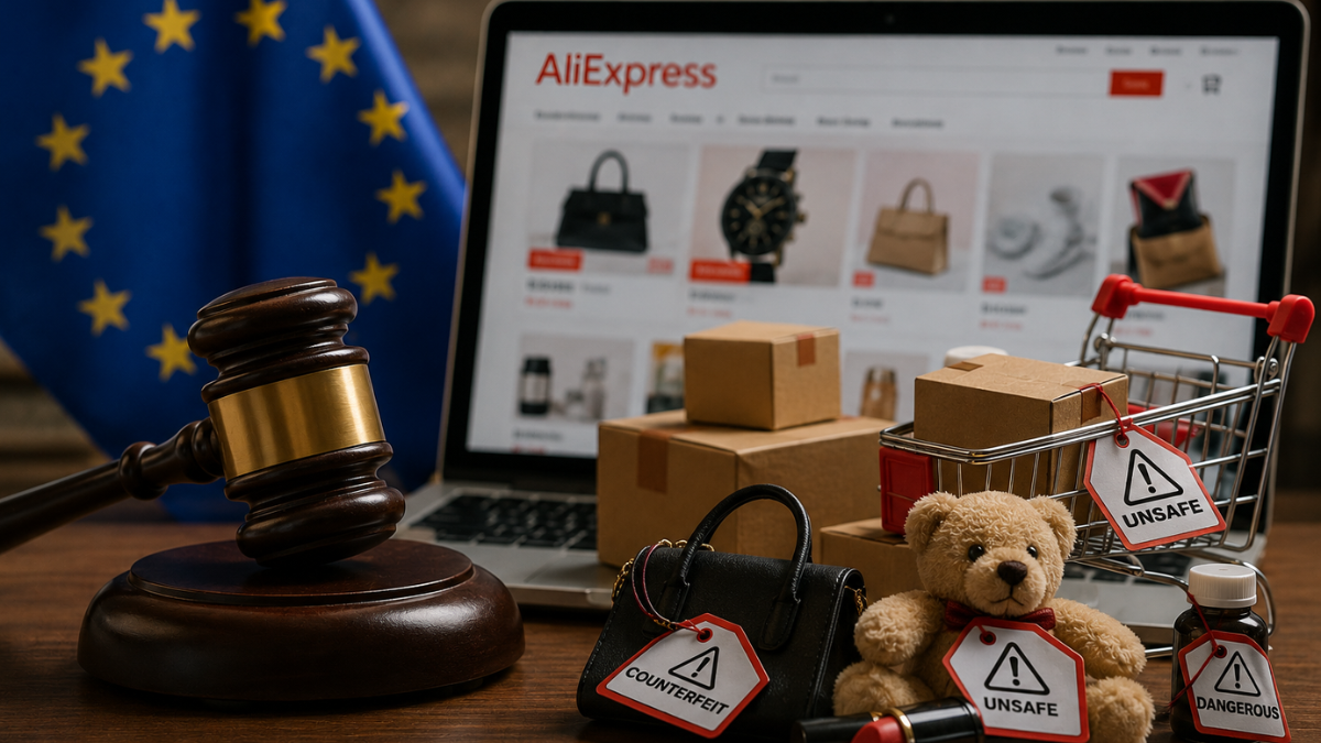A realistic conceptual photograph illustrating legal action against an online marketplace. On a wooden table in the foreground, a dark wooden judge's gavel rests next to a miniature shopping cart filled with small cardboard boxes, a small teddy bear, and a black handbag, each tagged with a red warning label reading 'UNSAFE' or 'COUNTERFEIT'. In the background, an open laptop displays the 'AliExpress' e-commerce website with listings for luxury bags and watches, set against a blurred European Union flag.