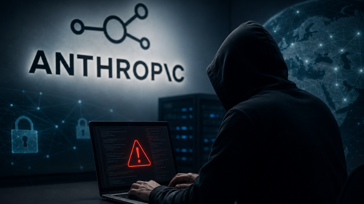 A dramatic cybersecurity editorial illustration showing a hooded hacker silhouette sitting at a laptop displaying a red warning alert sign. In the background, a illuminated wall displays the 'ANTHROPIC' company logo next to digital padlocks and a global network map, symbolizing AI safety testing and system vulnerabilities.