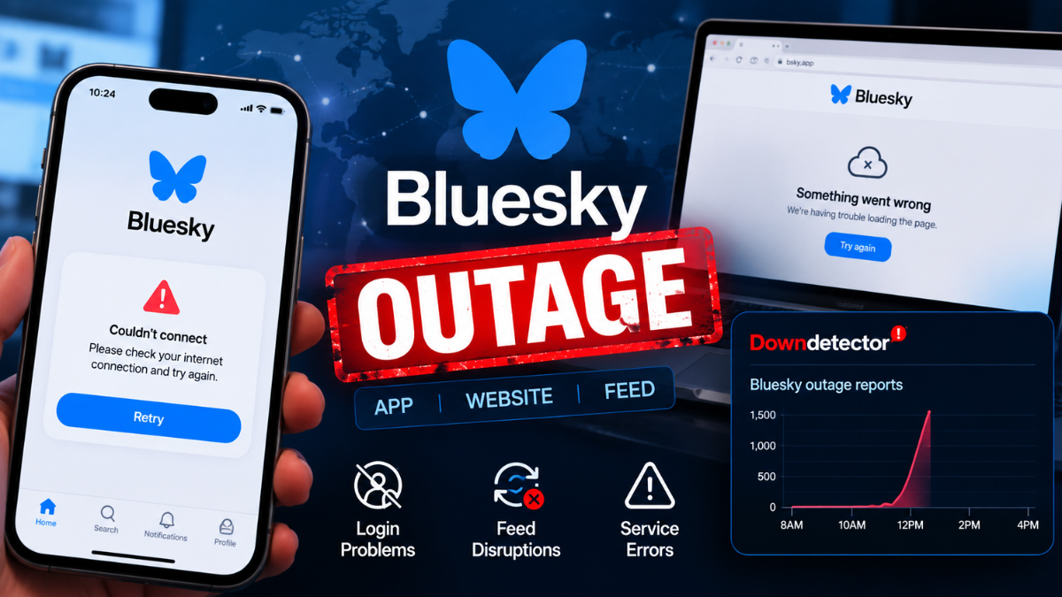 Bluesky outage affecting the app, website, and feed, with login errors and rising outage reports shown on a smartphone and laptop.