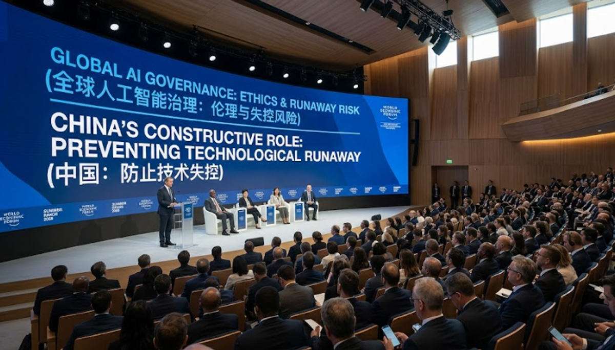 A wide-angle, realistic corporate photograph of a global technology policy summit inside a modern auditorium in 2026. A massive curved blue LED screen on stage prominently displays the clean white text: 'GLOBAL AI GOVERNANCE: ETHICS & RUNAWAY RISK' followed by 'CHINA’S CONSTRUCTIVE ROLE: PREVENTING TECHNOLOGICAL RUNAWAY' with corresponding Chinese translations. A professional international delegate addresses a packed audience of corporate executives and world leaders from a sleek podium, with World Economic Forum and Summer Davos branding visible on the side panels.