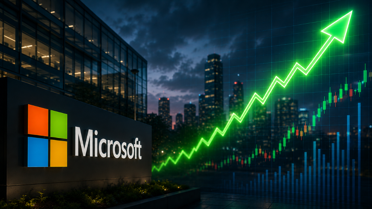 A realistic financial and corporate illustration featuring the iconic Microsoft logo on a modern building at dusk, with a bright green stock chart arrow surging sharply upward alongside financial market data bars across a city skyline.