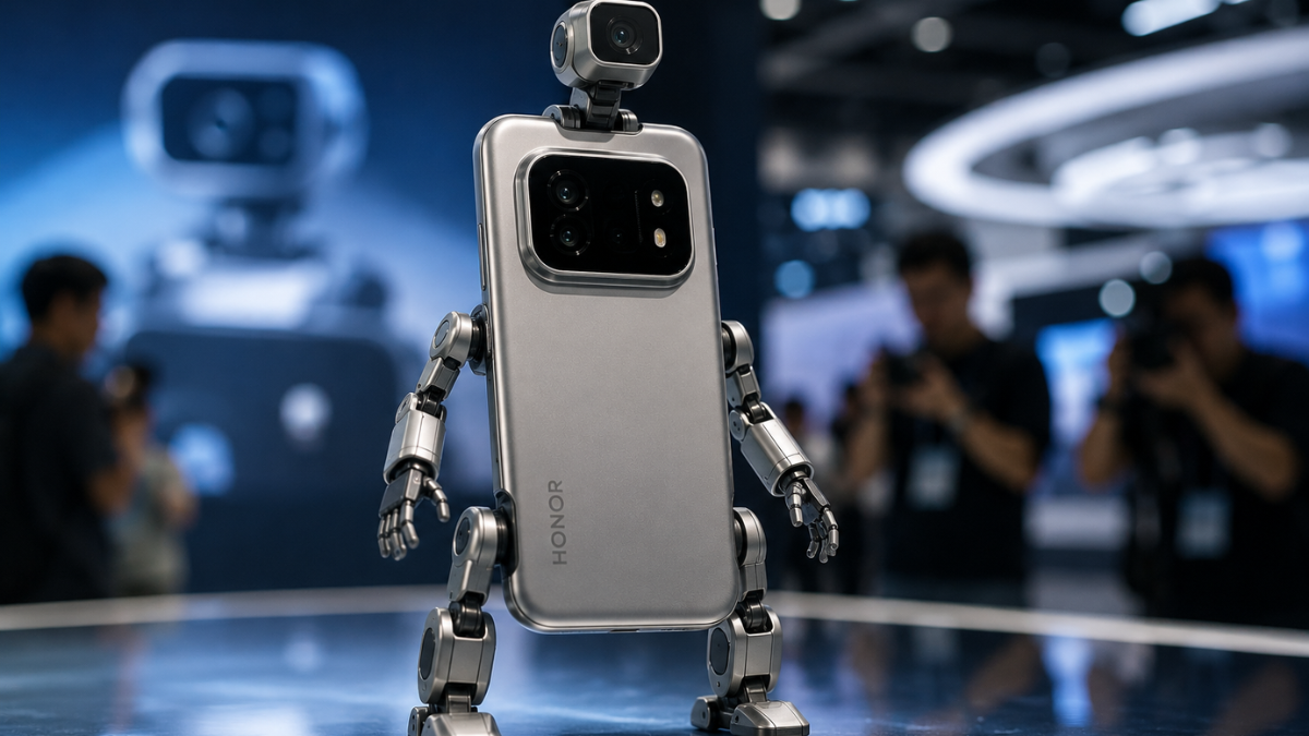 A futuristic silver smartphone standing upright on a reflective glass display table inside a brightly lit tech exhibition hall. The phone features robotic titanium legs and arms attached to its sides, and a small mechanical camera gimbal popping out from the top. In the blurred background, exhibition visitors and modern trade show displays are visible.
