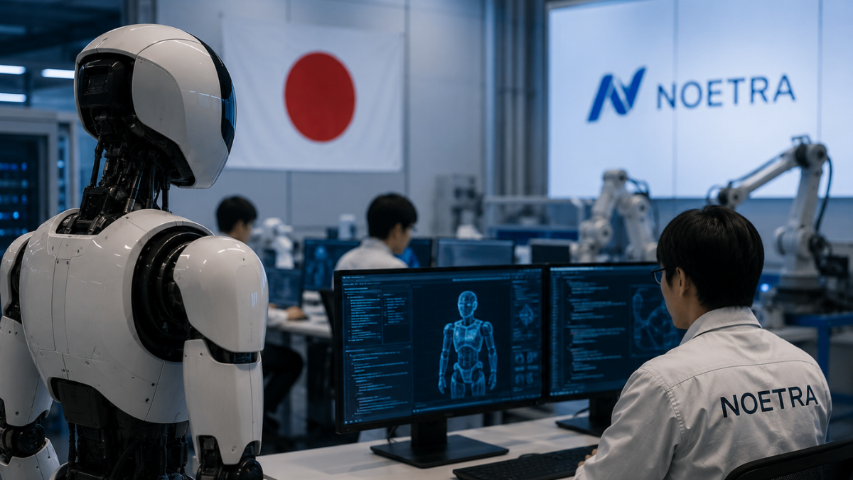 A realistic photograph of a modern Japanese robotics research facility. On the left foreground, a sleek white humanoid robot stands next to a wooden desk where a Japanese male researcher wearing a lab coat with a 'NOETRA' logo works on dual monitors displaying code. On the wall in the background, a large Japanese national flag hangs alongside a glowing corporate screen with the blue 'NOETRA' logo, with industrial robotic arms and server equipment visible in the laboratory.