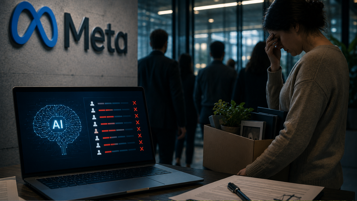 A somber corporate office setting highlighting legal tension over AI layoffs. On the left wall, a large blue 'Meta' company logo is mounted. In the foreground, a dark wooden desk holds a signed legal document with a pen next to an open laptop. The laptop screen displays a glowing blue digital brain icon labeled 'AI' alongside a list of user profiles marked with red cross marks. On the right, a female employee stands in shadow with her head in her hand, holding a cardboard box filled with office items, while other employees walk away in the background.