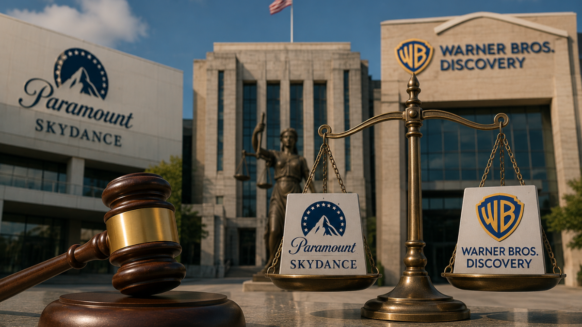 A dramatic conceptual photograph representing media antitrust litigation. In the foreground, a brass scale of justice rests on a stone surface next to a wooden judge's gavel; the left pan holds a card with the 'Paramount SKYDANCE' logo, and the right pan holds a card with the 'WARNER BROS. DISCOVERY' logo. In the background, modern corporate office buildings display the 'Paramount SKYDANCE' and 'WARNER BROS. DISCOVERY' logos, framed on either side of a central courthouse facade with a bronze Lady Justice statue under a blue sky.