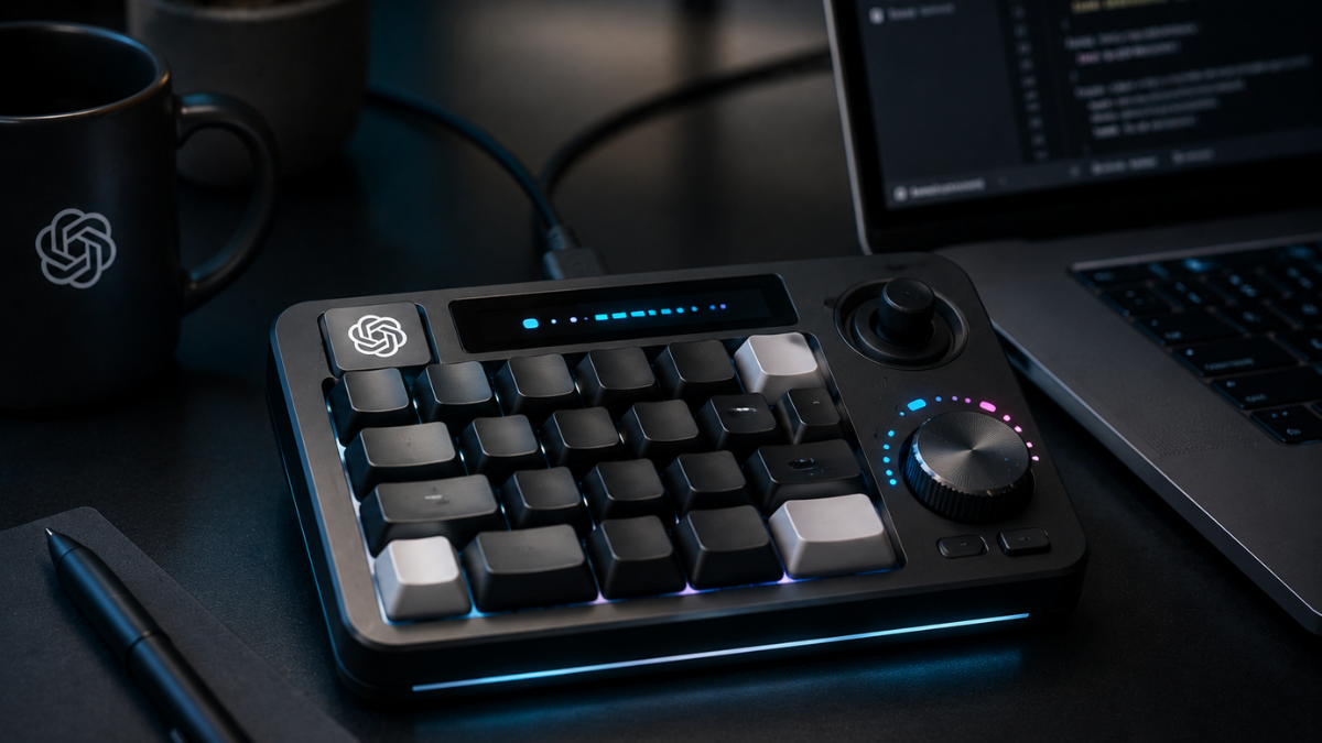 A sleek tech workspace setup at night, showcasing OpenAI's new hardware device. In the center, the compact kbd-1.0-codex-micro keyboard features a mix of black and white keys, glowing custom RGB lighting around the borders, a physical joystick, and a prominent control dial. On the top-left key, the OpenAI logo is clearly visible. In the blurred background, a black coffee mug with the OpenAI logo stands next to a laptop displaying open code lines on its screen.