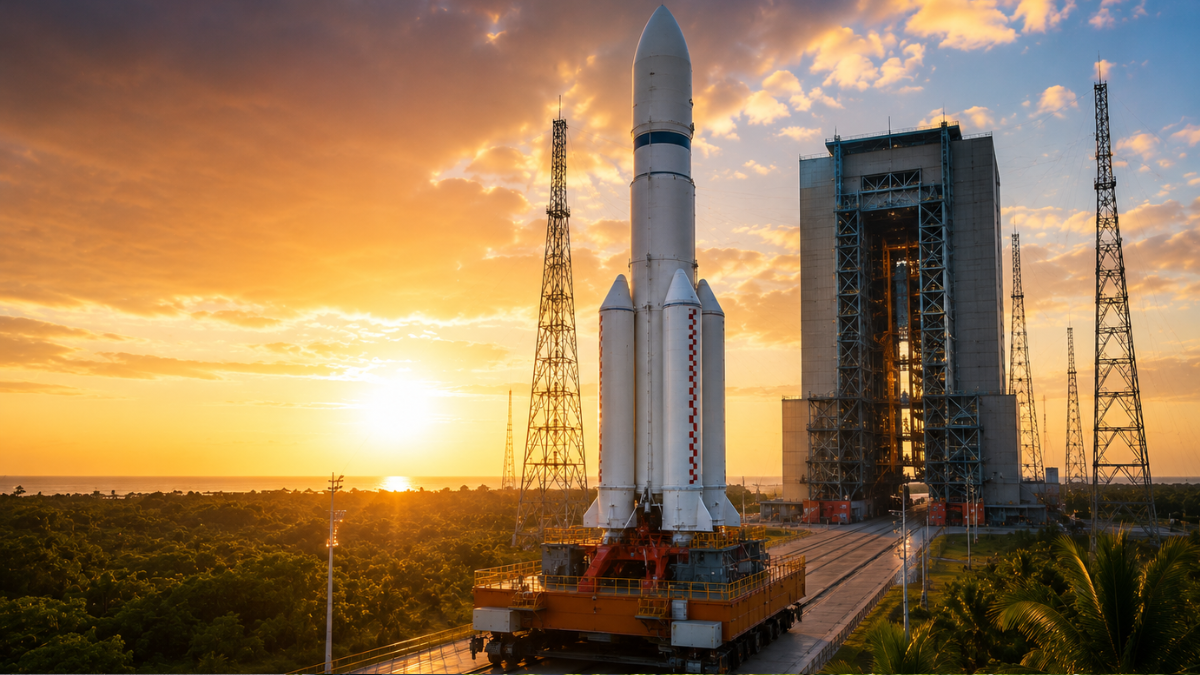 The massive white Long March-5 Y14 carrier rocket stands tall on its mobile launch platform at the Wenchang Spacecraft Launch Site in Hainan. The scene is captured at dawn, with the bright morning sun rising on the left, casting a warm golden glow over the palm trees in the foreground and the rocket assembly building on the right.