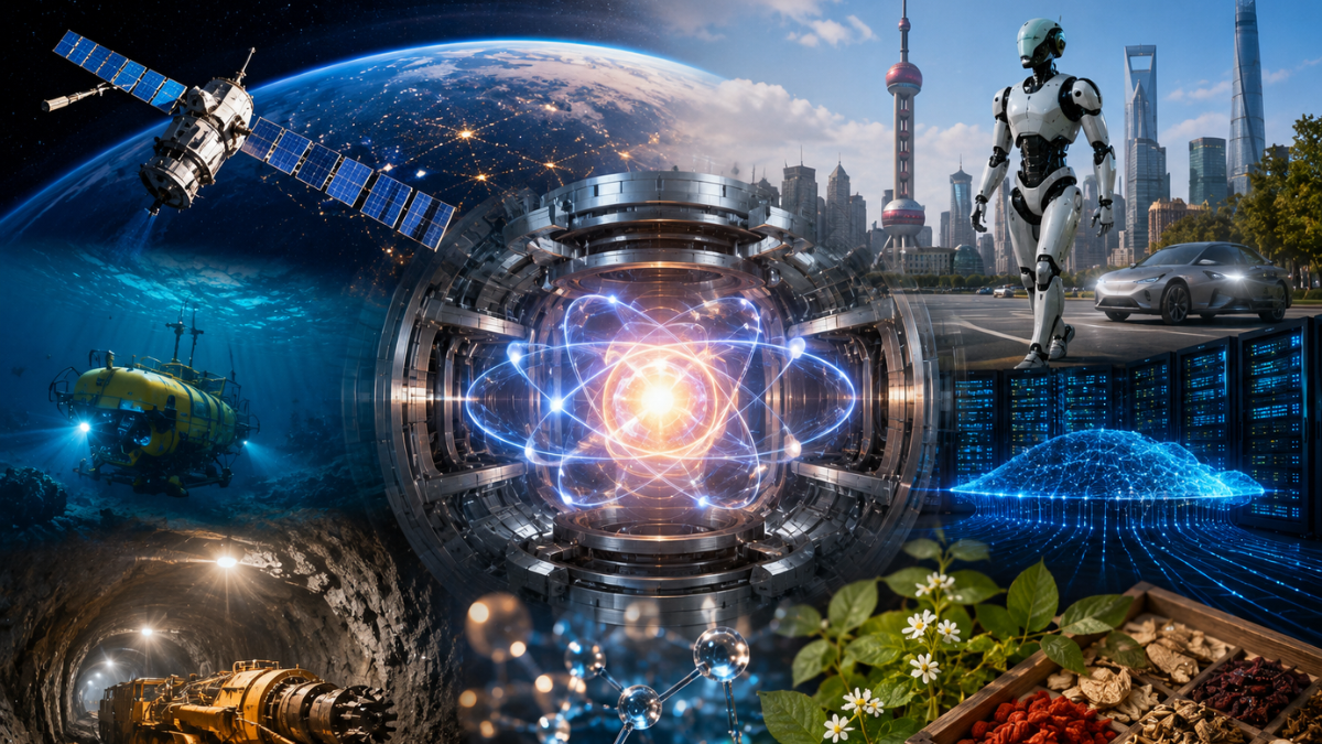 A comprehensive conceptual infographic showcasing China's major scientific and technology goals. In the center, a glowing nuclear fusion reactor projects a bright atomic energy core. Surrounding it are multiple segments illustrating key challenges: a communication satellite orbiting Earth in deep space, a yellow submarine exploring deep-sea depths, a large industrial mining drill operating inside an ultra-deep coal mine, a humanoid robot walking next to a self-driving car on a city street, digital server racks processing space computing data, and a wooden box filled with traditional Chinese medicinal herbs alongside fresh green plants.