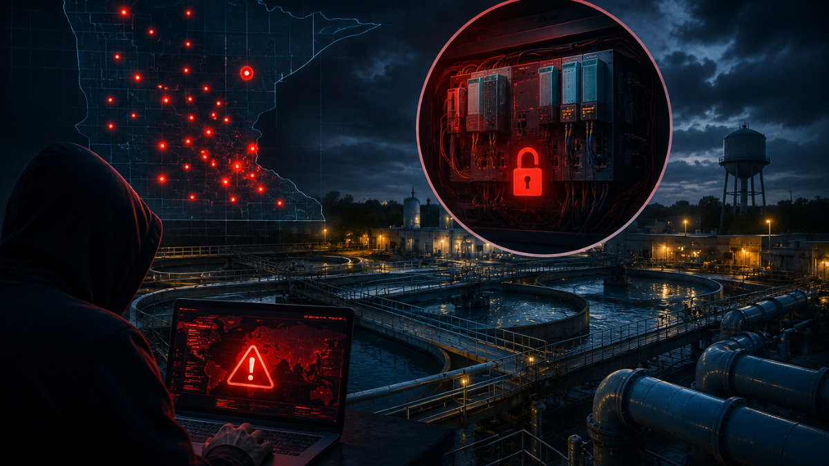 A dramatic conceptual image depicting a coordinated cyberattack on critical water infrastructure. On the left in a dark room, a hooded hacker silhouette operates a laptop displaying red warning alerts beneath a glowing red map of Minnesota with 30 targeted location pins. On the right, a night view of a municipal water treatment facility with filtration tanks and a water tower is highlighted by a glowing red target circle with a locked padlock icon, symbolizing breached industrial control systems.