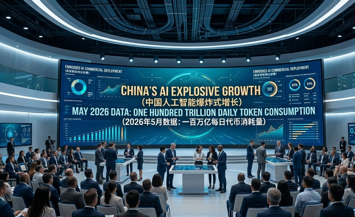 A wide-angle corporate photography shot of a high-tech global tech summit in 2026. A massive curved LED arena display prominently showcases the headline 'CHINA’S AI EXPLOSIVE GROWTH' with a clear space between words, followed by 'MAY 2026 DATA: ONE HUNDRED TRILLION DAILY TOKEN CONSUMPTION'. In the foreground, international business delegates and tech researchers sit in an auditorium, while global executives stand near digital presentation tables on stage discussing Embodied AI deployment.