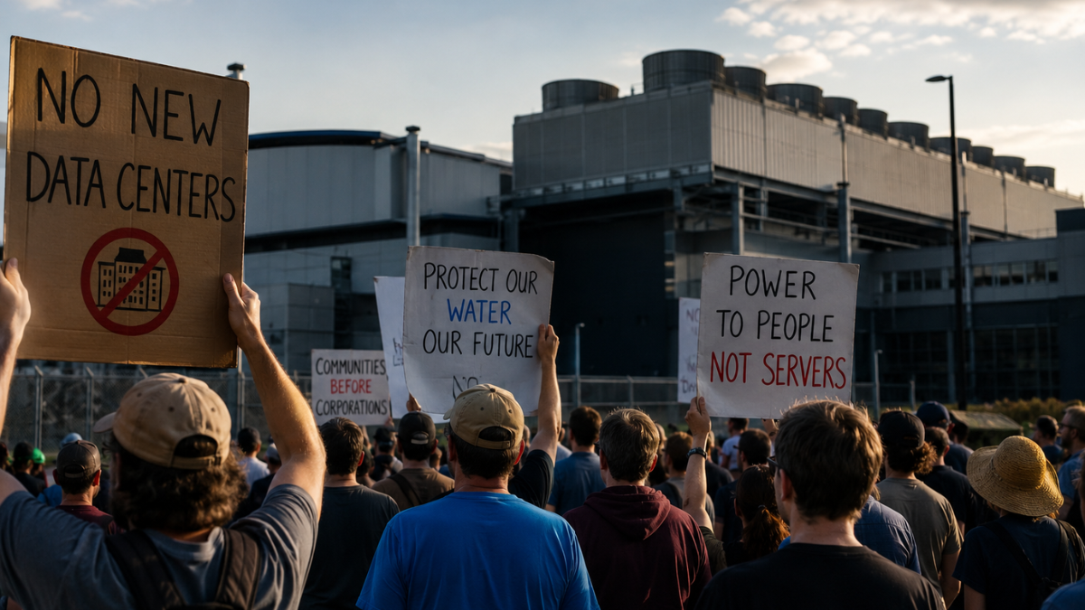 A realistic outdoor photograph of a large, diverse crowd of people gathered for a public protest during the day. In the background, a massive industrial data center facility with multiple cooling towers stands under a partly cloudy sky. Protesters in the crowd are holding up cardboard signs with text that reads 'NO NEW DATA CENTERS', 'PROTECT OUR WATER OUR FUTURE', and 'POWER TO PEOPLE NOT SERVERS'.