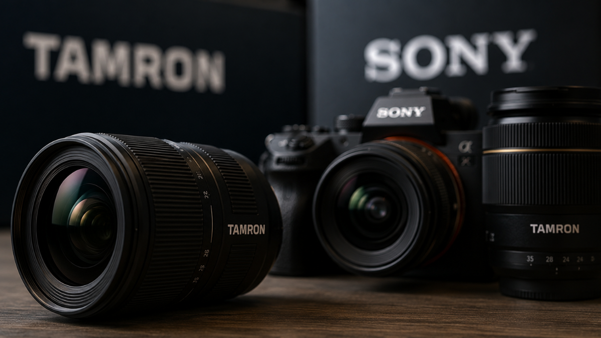 A sleek studio photography product showcase featuring a black Sony mirrorless camera body next to interchangeable camera lenses labeled with the Tamron and Sony brand logos resting on a dark wooden surface.