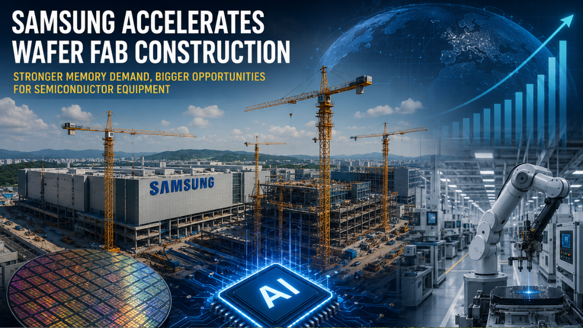 A futuristic conceptual image titled 'SAMSUNG ACCELERATES WAFER FAB CONSTRUCTION'. The graphic features a modern Samsung semiconductor factory integrated with heavy construction cranes under a blue global grid network. On the right, a white robotic arm operates in an advanced cleanroom setup, while a glowing digital microchip with the text 'AI' sits at the center, highlighting stronger memory demand and bigger opportunities for semiconductor equipment.