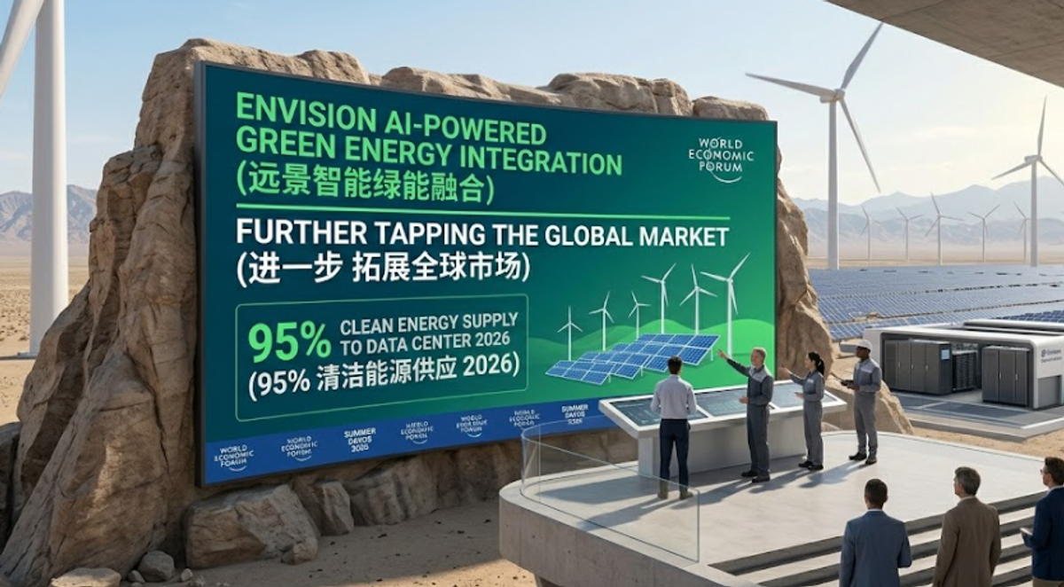 A realistic corporate photograph showcasing a futuristic green technology presentation in a desert environment. A large electronic billboard mounted on a natural rock structure reads 'ENVISION AI-POWERED GREEN ENERGY INTEGRATION: FURTHER TAPPING THE GLOBAL MARKET' with a sub-headline highlighting '95% CLEAN ENERGY SUPPLY TO DATA CENTER 2026'. Engineers in gray technical uniforms present to corporate business executives on an open-air concrete platform. In the background, a massive solar panel field and spinning wind turbines stretch across the desert landscape under a clear blue sky.