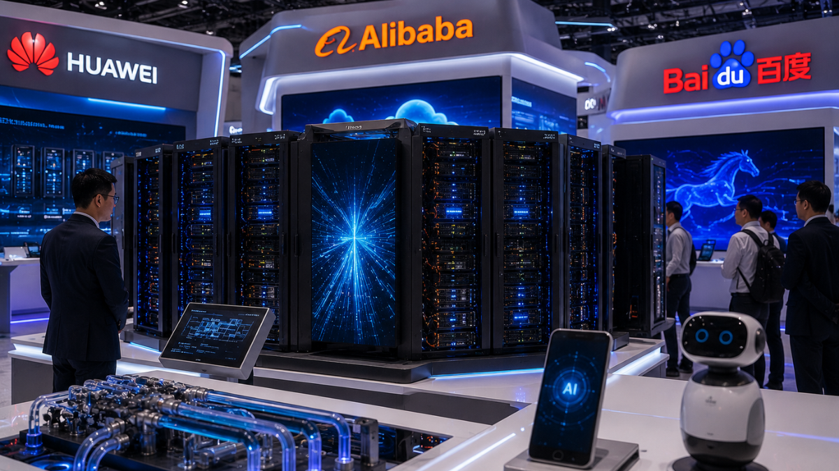 A futuristic tech expo booth at the 2026 World Artificial Intelligence Conference (WAIC). In the center, a massive, sleek row of dark server racks representing an advanced supercomputing unit glows with blue central network light patterns and liquid cooling pipes below. The background features illuminated corporate booths for 'HUAWEI', 'Alibaba', and 'Baidu'. In the foreground, a modern AI smartphone and a small white desktop assistant robot stand on a clean white display counter while attendees look on.