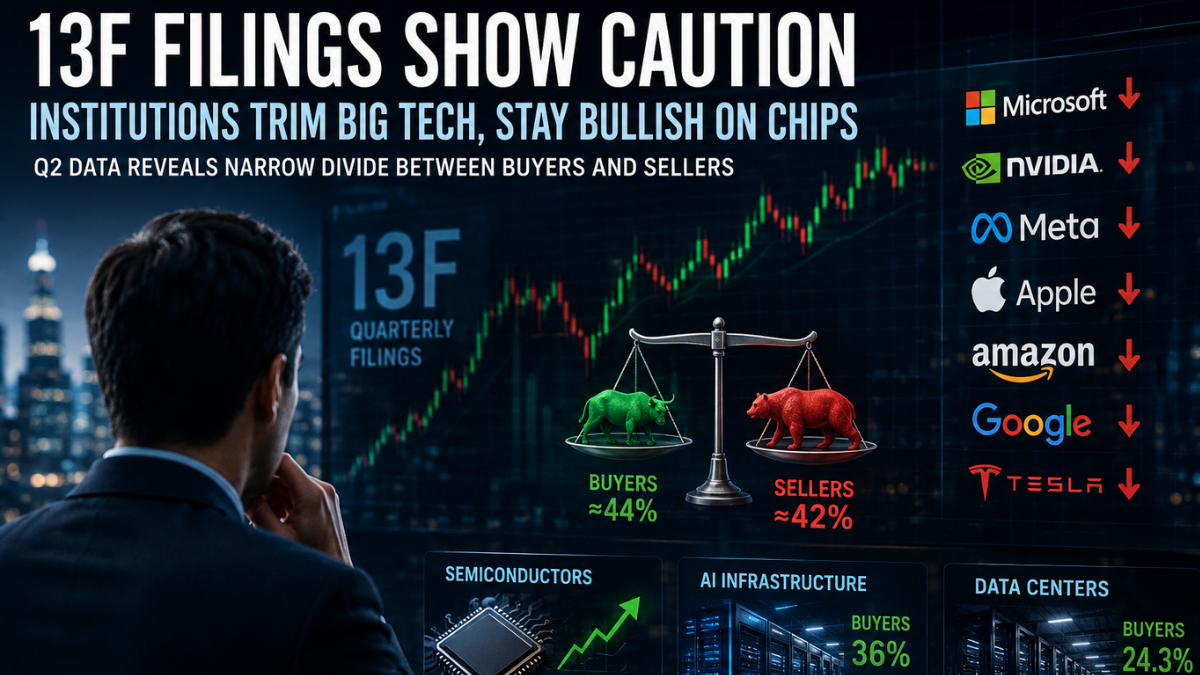 Institutional 13F filings show cautious positioning in Big Tech, with investors trimming major technology holdings while maintaining stronger interest in semiconductor and AI infrastructure stocks.