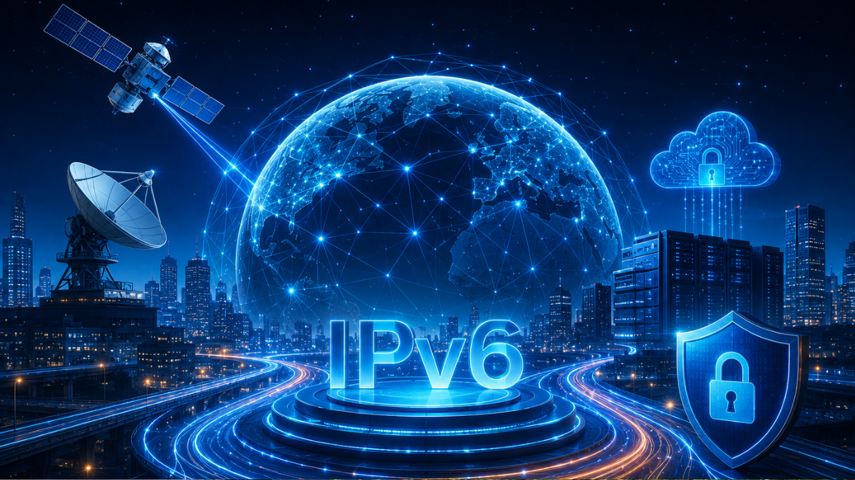 A futuristic conceptual image titled 'IPv6 INTERNET UPGRADE'. The graphic features a large, glowing blue 'IPv6' text at the center of a high-tech data highway. In the background, a digital holographic globe is surrounded by orbital satellite networks. On the right, a glowing metallic shield icon with a padlock symbolizes advanced data security and network trust verification.