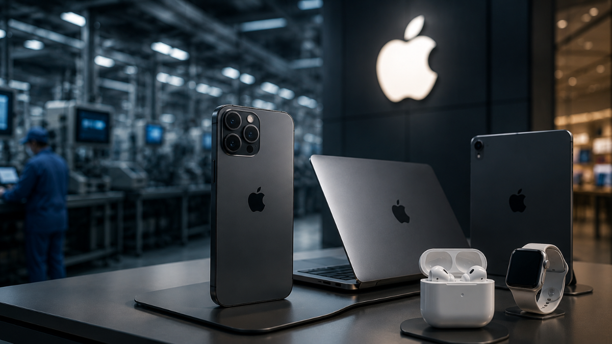 A realistic product showcase of Apple hardware including an iPhone, MacBook, iPad, AirPods, and Apple Watch resting on a sleek dark surface against a softly lit background featuring the Apple logo and a microchip manufacturing facility, symbolizing device demand alongside chip supply chain constraints.