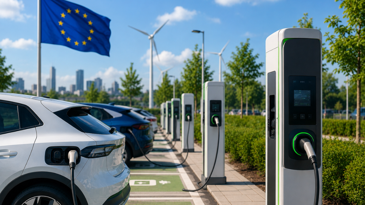 A realistic daytime outdoor photograph of a modern electric vehicle charging station in Europe. In the foreground on the right, a sleek white and black EV charging pillar with a green glowing status ring stands next to a paved parking slot. A row of multiple electric cars, including a white SUV in the front, are parked in designated green-painted spaces and plugged into identical charging stations extending into the distance. On the upper left, a large European Union flag waves on a flagpole against a blue sky with soft white clouds, with wind turbines and a distant city skyline visible in the background.