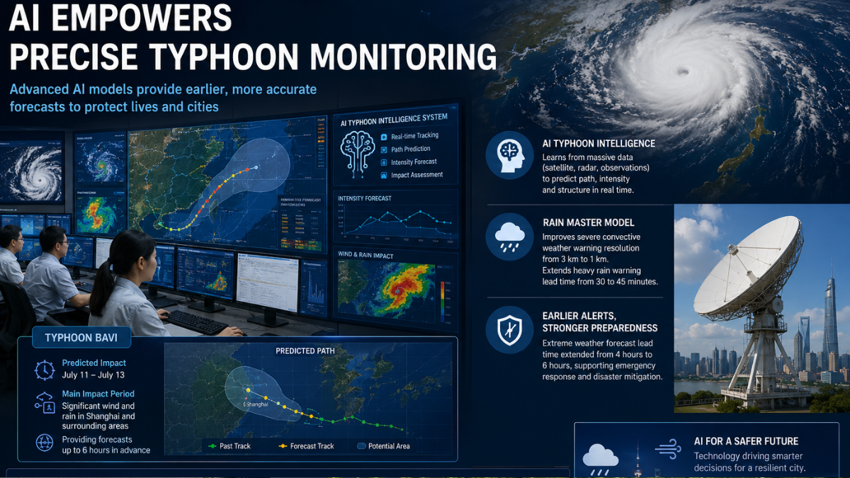 A dark blue infographic titled 'AI EMPOWERS PRECISE TYPHOON MONITORING'. On the left, a control room shows meteorologists tracking a typhoon on large monitors displaying path projections and satellite weather radar data. The center details the 'AI Typhoon Intelligence' and 'Rain Master Model' features with icons for cloud data and rainfall. On the right, a large satellite dish stands next to the Shanghai Oriental Pearl Tower skyline under a stormy sky.
