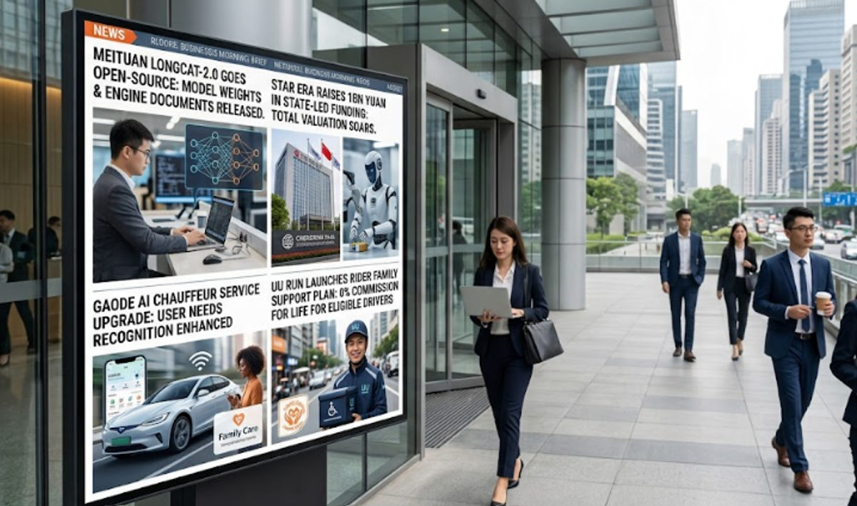 A detailed business news infographic titled "FUTURE BUSINESS MORNING BRIEF" divided into four distinct sections. The top-left panel illustrates "MEITUAN LONGCAT-2.0" going "OPEN SOURCE" with model weights and inference engine, linked to neural network icons and logos of domestic chip adaptation partners like Huawei Ascend and Moore Threads. The top-right panel shows a humanoid robot representing "STAR ERA" completing a new funding round of "1 BILLION YUAN" with total investment of "2.5 BILLION YUAN," led by state-owned capital funds. The bottom-left panel highlights "GAODE AI CHAUFFEUR SERVICE UPGRADE," showing an app interface with personalized ride requests and information matching. The bottom-right panel features "UU RUN RIDER FAMILY PROTECTION PLAN," depicting diverse delivery riders under an umbrella with a "0% COMMISSION FOR LIFE" benefit.