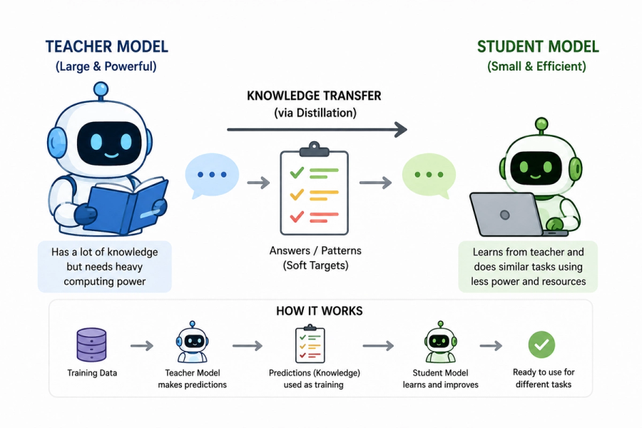 Simple teacher-student AI model distillation diagram showing how a large teacher model transfers knowledge to a smaller student model for efficient AI training and deployment.