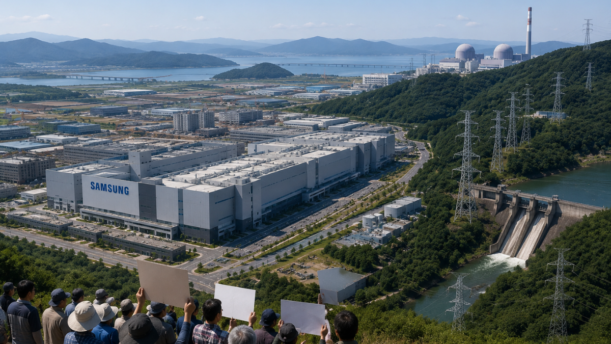 A dramatic outdoor photograph depicting local resistance against industrial development. In the foreground on a grassy hillside, a group of local residents hold blank white protest signs while facing toward a massive industrial valley. In the middle ground, a sprawling white high-tech semiconductor manufacturing complex displaying a prominent 'SAMSUNG' logo sits alongside a hydroelectric dam discharging white water foam into a river. High-voltage power transmission towers run across the landscape toward a nuclear power plant on the coast in the background under a blue sky.