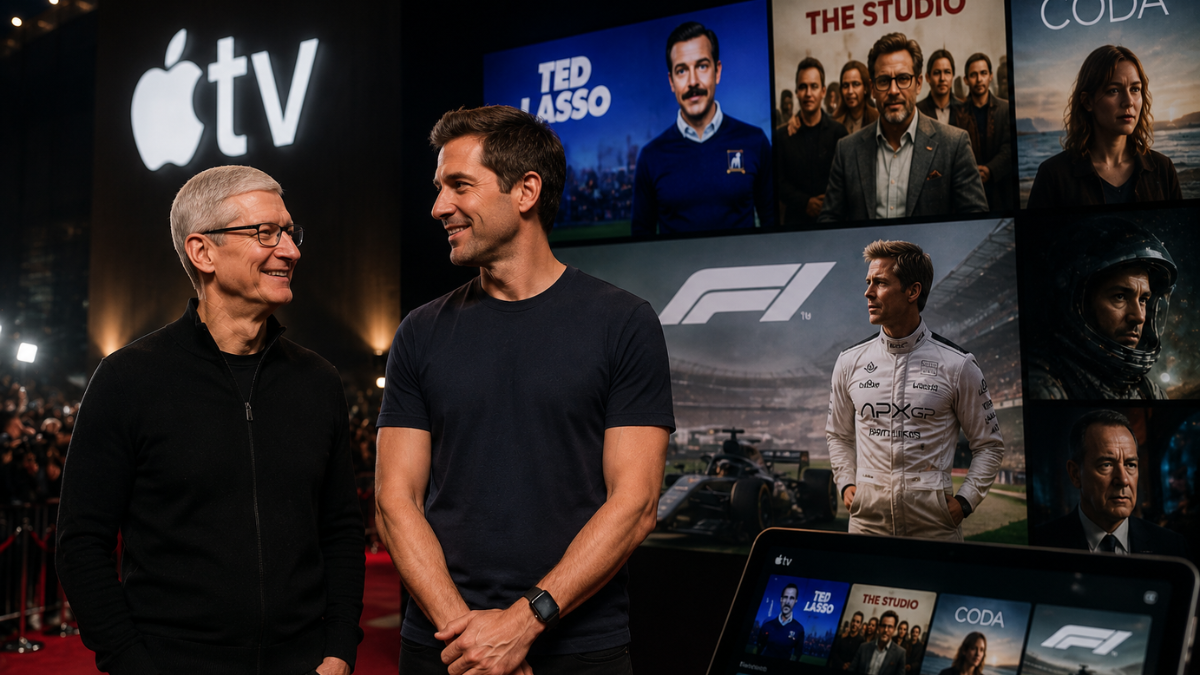 Aapki is nayi image (Apple Leadership Transition & Apple TV Entertainment Strategy) ke liye ye rahe Alt Text aur Caption: Alt Text (For SEO & Accessibility) "A red carpet event photograph featuring outgoing Apple CEO Tim Cook standing alongside incoming CEO John Ternus at an entertainment premiere. In the background, a large black screen displays the illuminated Apple TV logo and promotional posters for popular original shows including 'Ted Lasso', 'F1', 'The Studio', and 'CODA'.