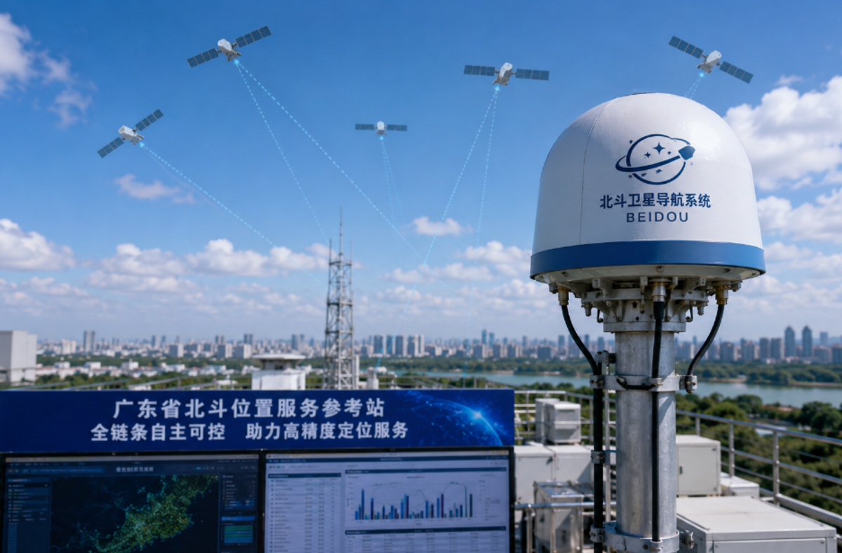 Ground-based BeiDou navigation reference station with satellite connectivity supporting high-precision positioning, surveying, mapping, and digital infrastructure across Guangdong Province.