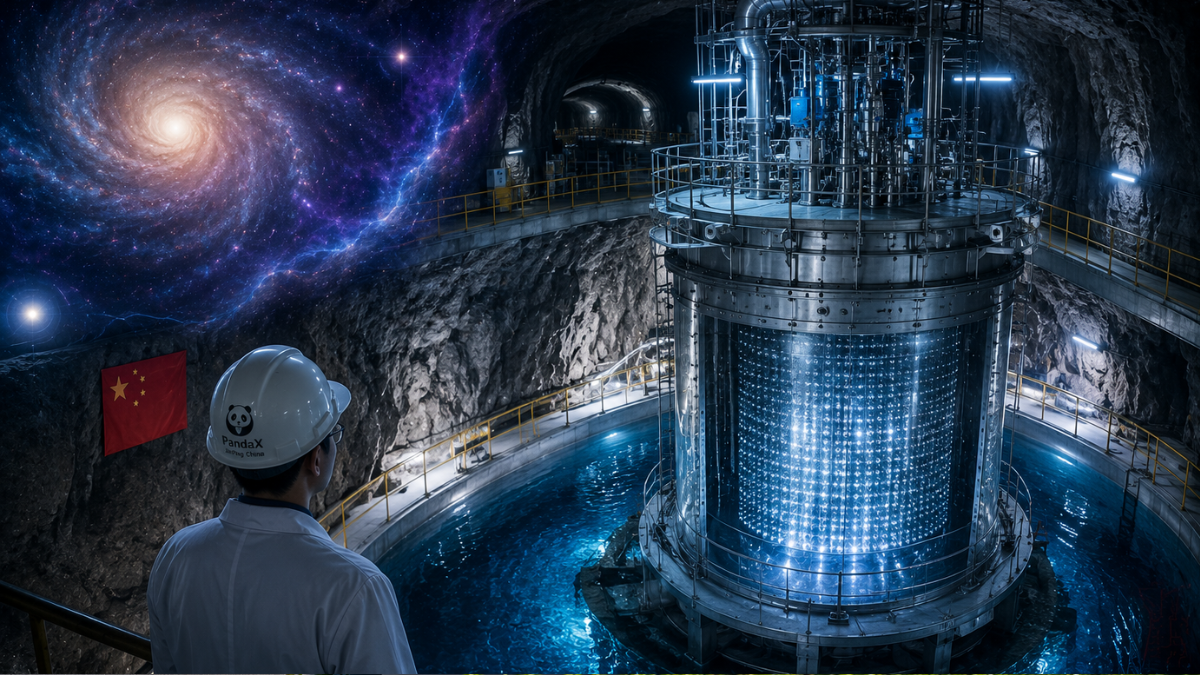 A realistic conceptual illustration of an underground cosmic research facility located 2,400 meters deep inside a mountain cave. In the center, a massive cylindrical PandaX liquid xenon detector glows with blue light inside a large water shield pool. A researcher wearing a white hard hat looks toward the detector, while a brilliant spiral galaxy is visible in the upper left corner, symbolizing the search for dark matter.