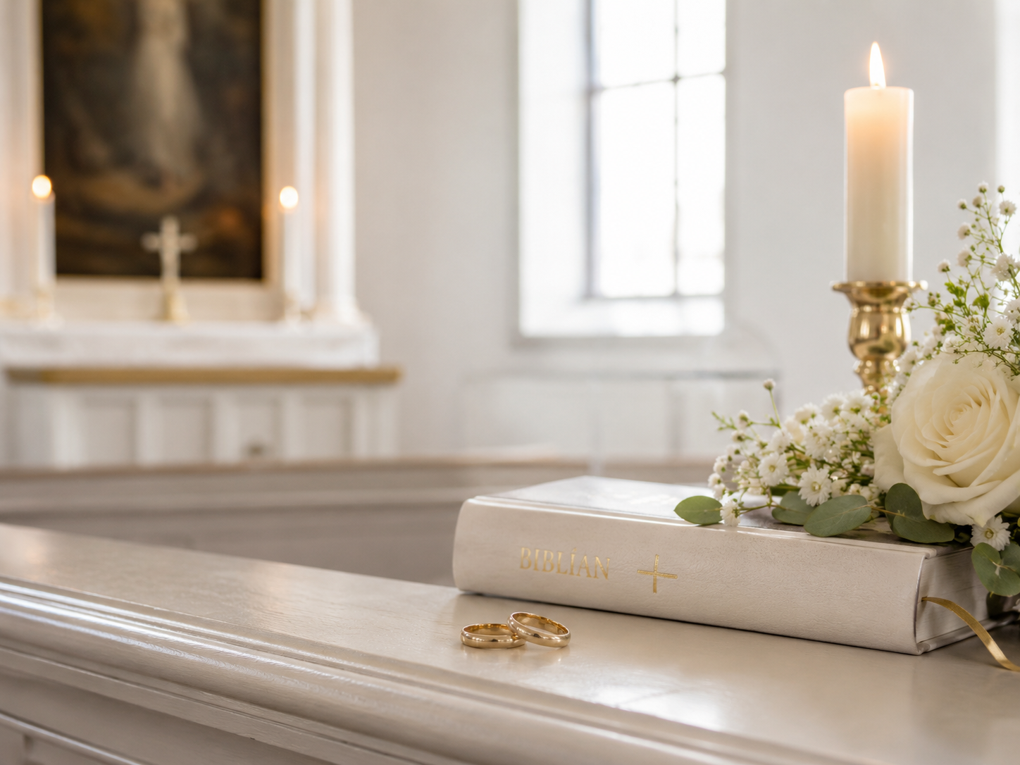 Giftingarhringar, Biblía, kerti og hvít blóm í kirkju