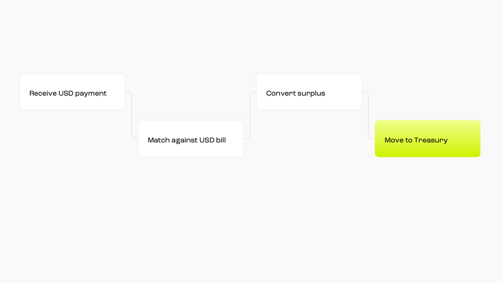 A USD payment received is matched against a USD bill, with only the leftover surplus converted and moved to treasury.