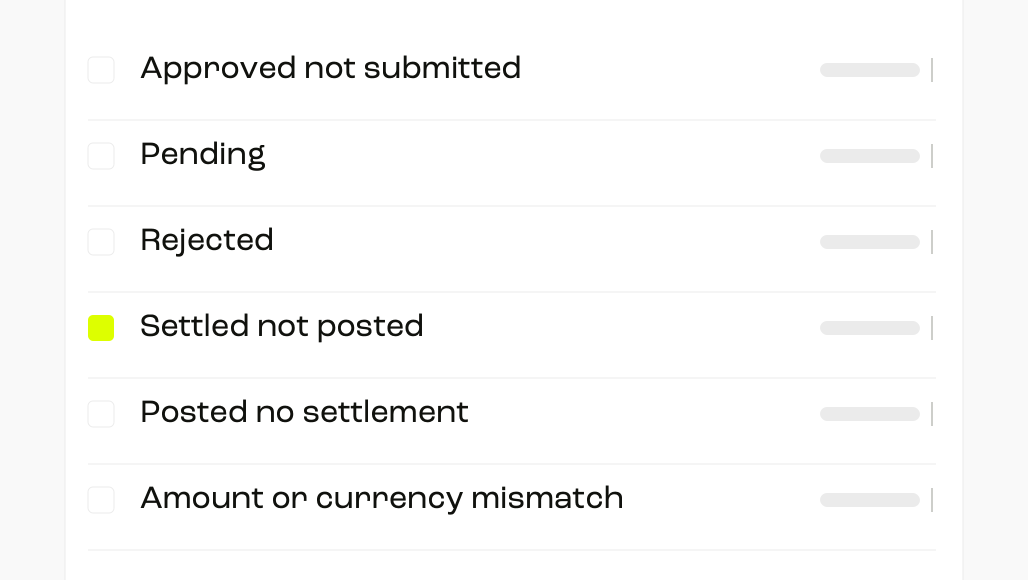 A payment exception panel separates pending, rejected, settled-unposted and posted-unmatched items instead of merging them into one unresolved total.