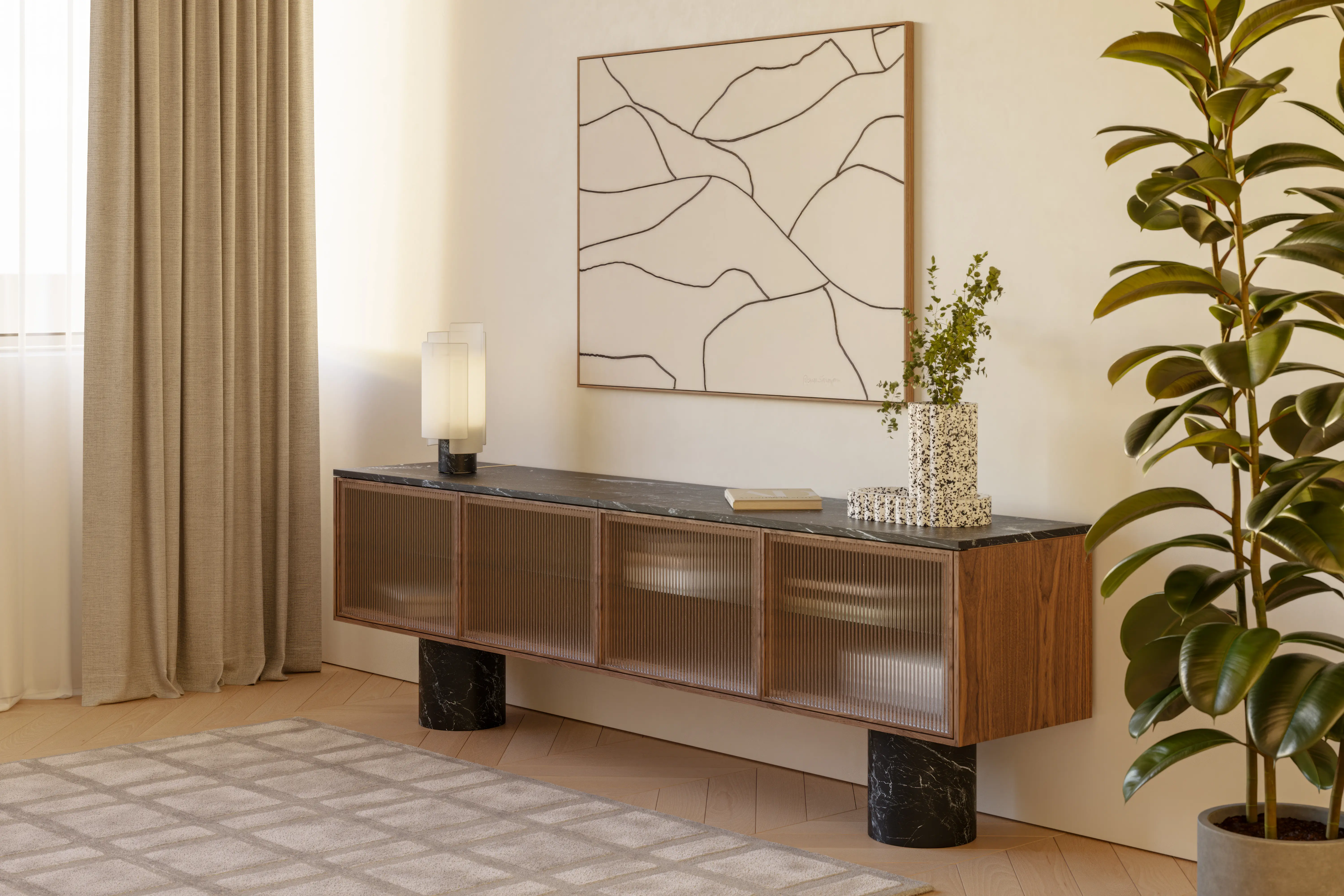 Stockholm sideboard in walnut and anodized aluminium