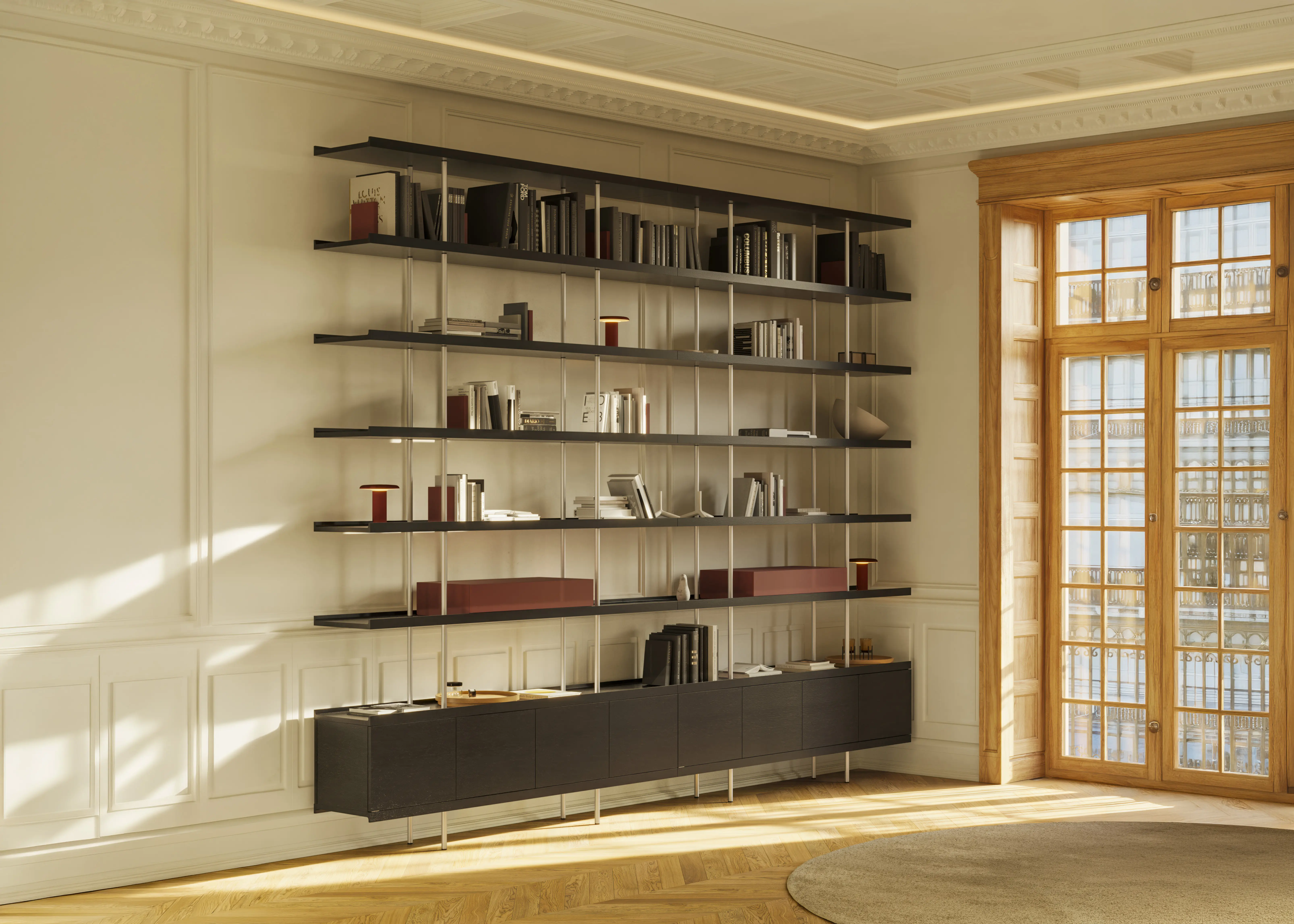 Beam bookshelf with sideboard