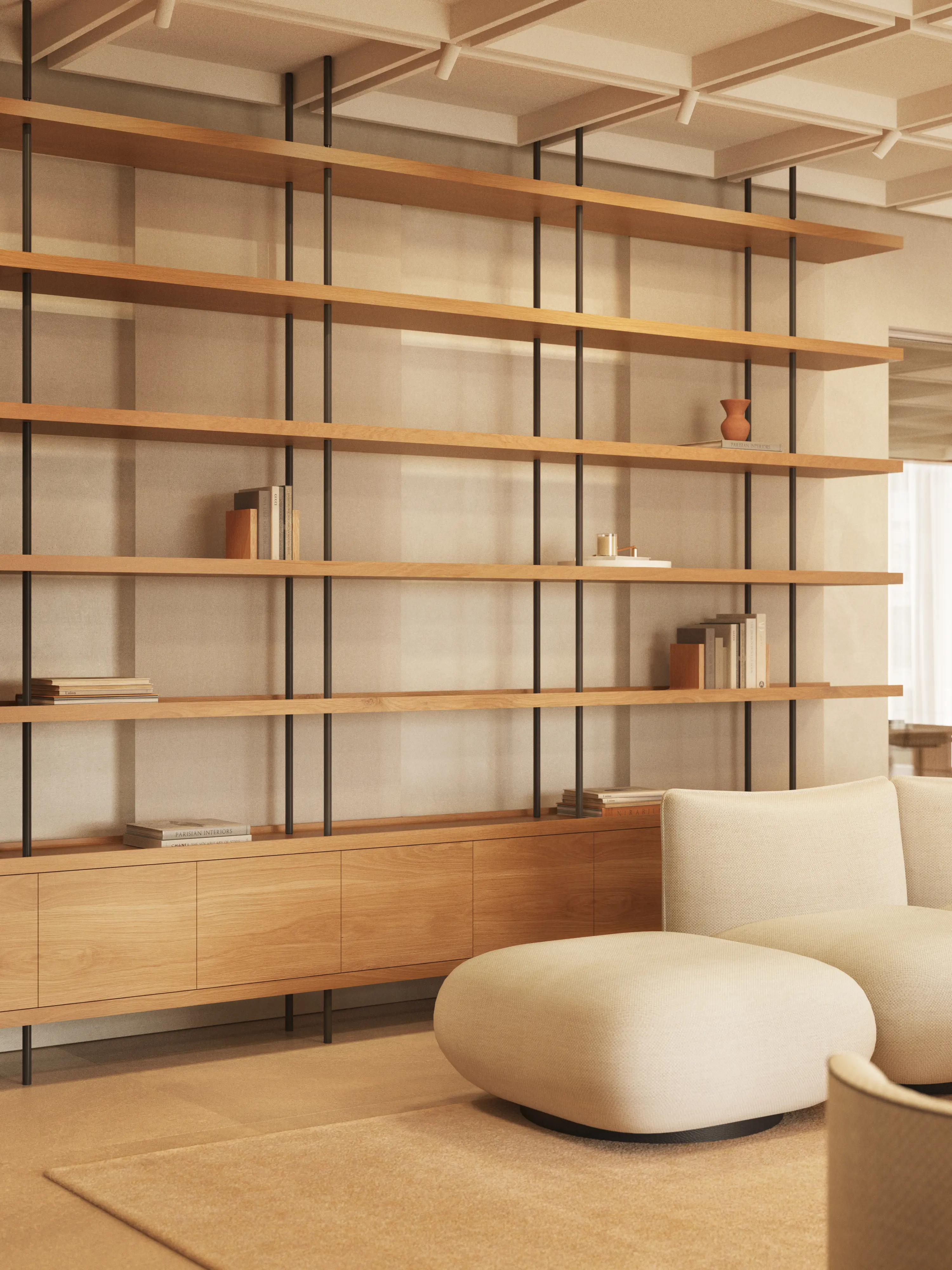 Beam floor to ceiling shelving