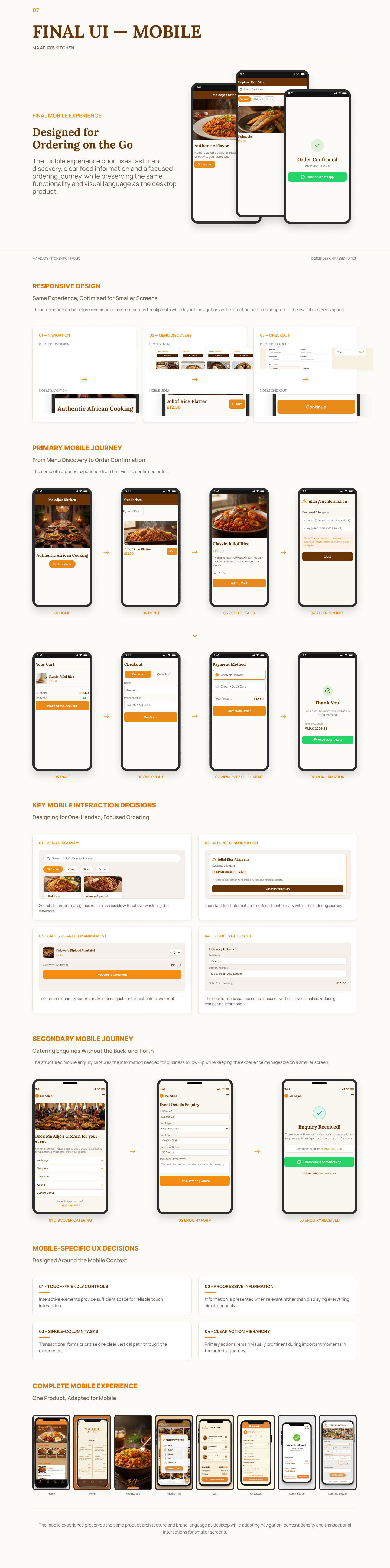 Final mobile UI presentation for Ma Adjo’s Kitchen showing the responsive ordering journey across homepage discovery, menu browsing, food details, allergen information, cart, checkout, payment, confirmation and catering enquiry screens.