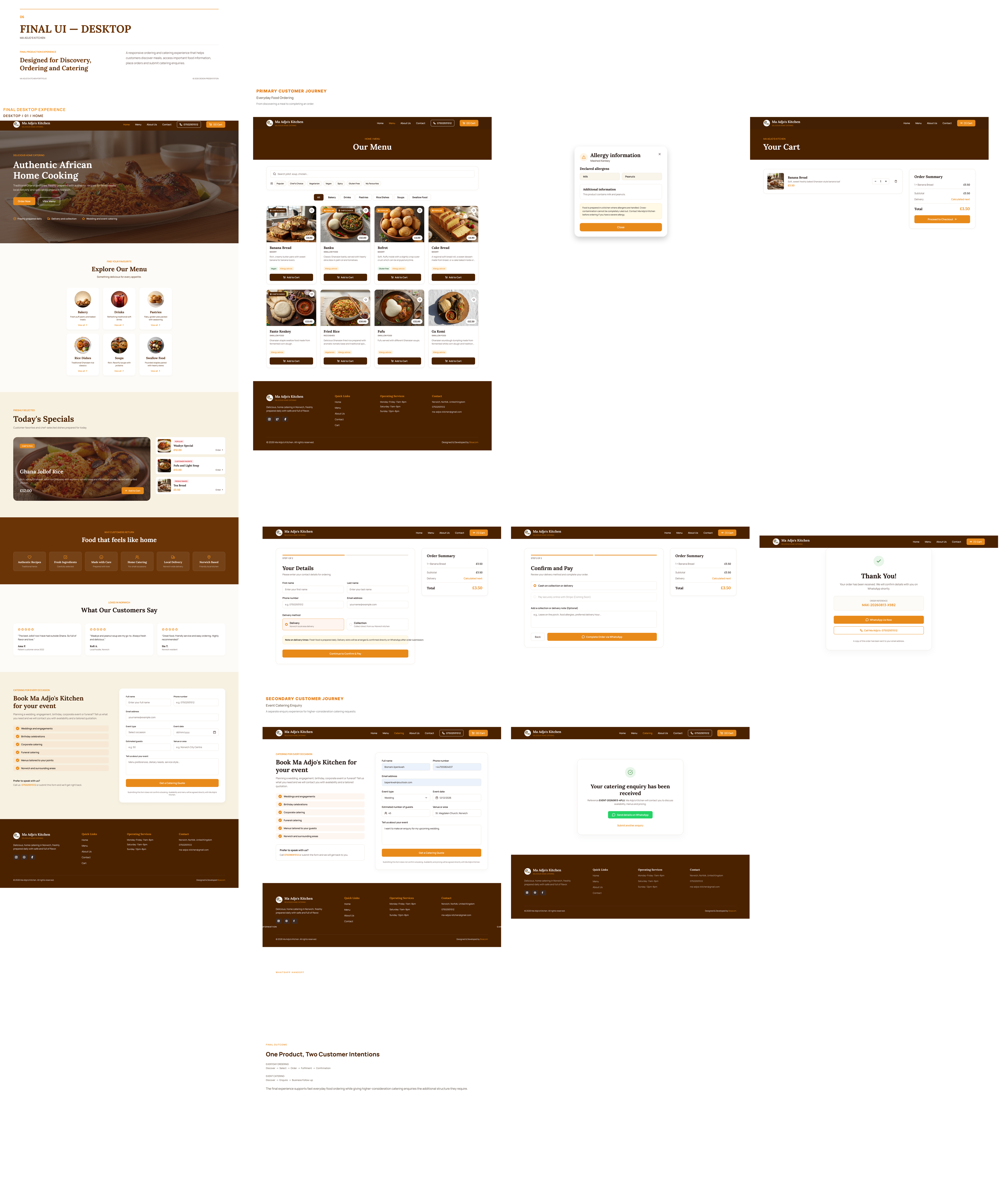 Final desktop UI presentation for Ma Adjo’s Kitchen showing the responsive food ordering experience, including homepage discovery, menu browsing, allergen information, cart, checkout, payment, order confirmation and catering enquiry flows.