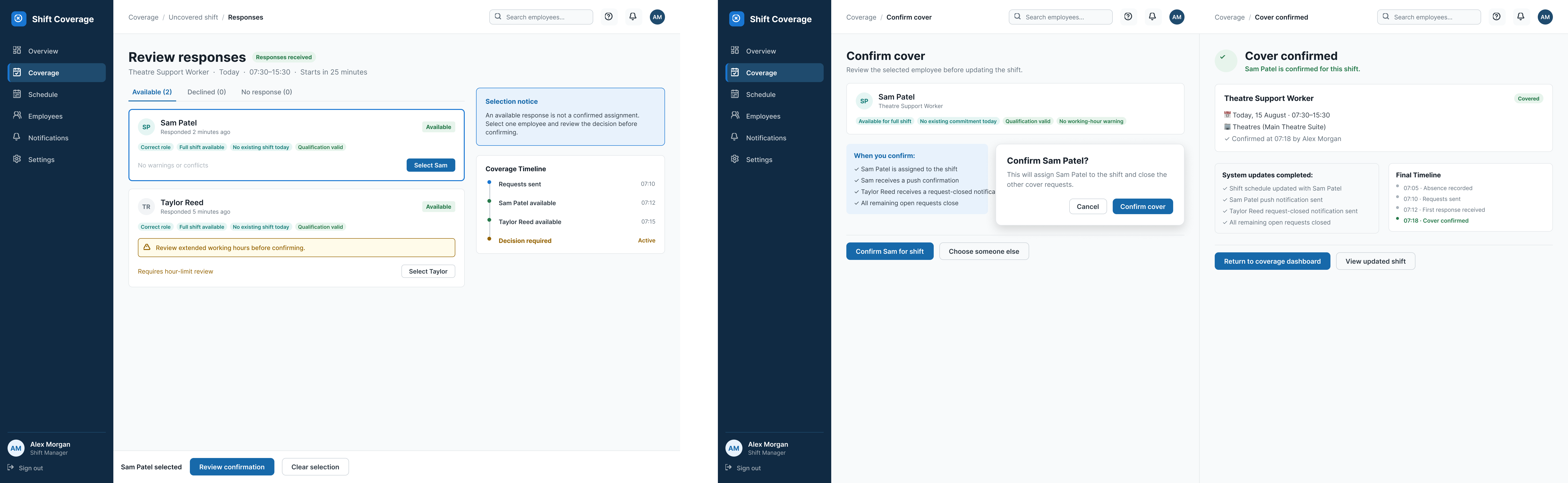 Manager screens showing two employee responses, selection of one suitable employee and confirmation that the shift has been covered.
