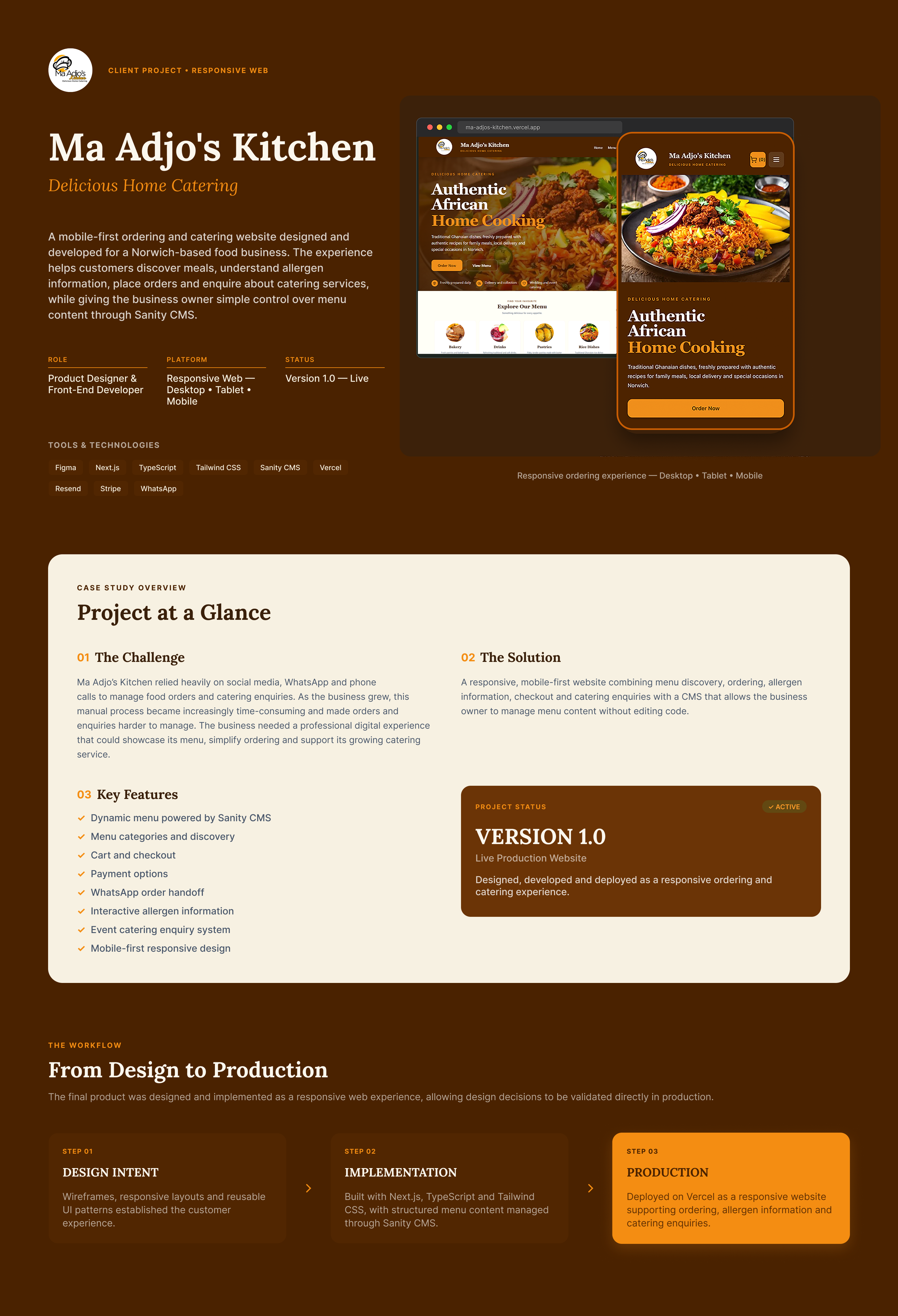 Responsive Ma Adjo’s Kitchen food ordering and catering website shown across desktop and mobile interfaces.