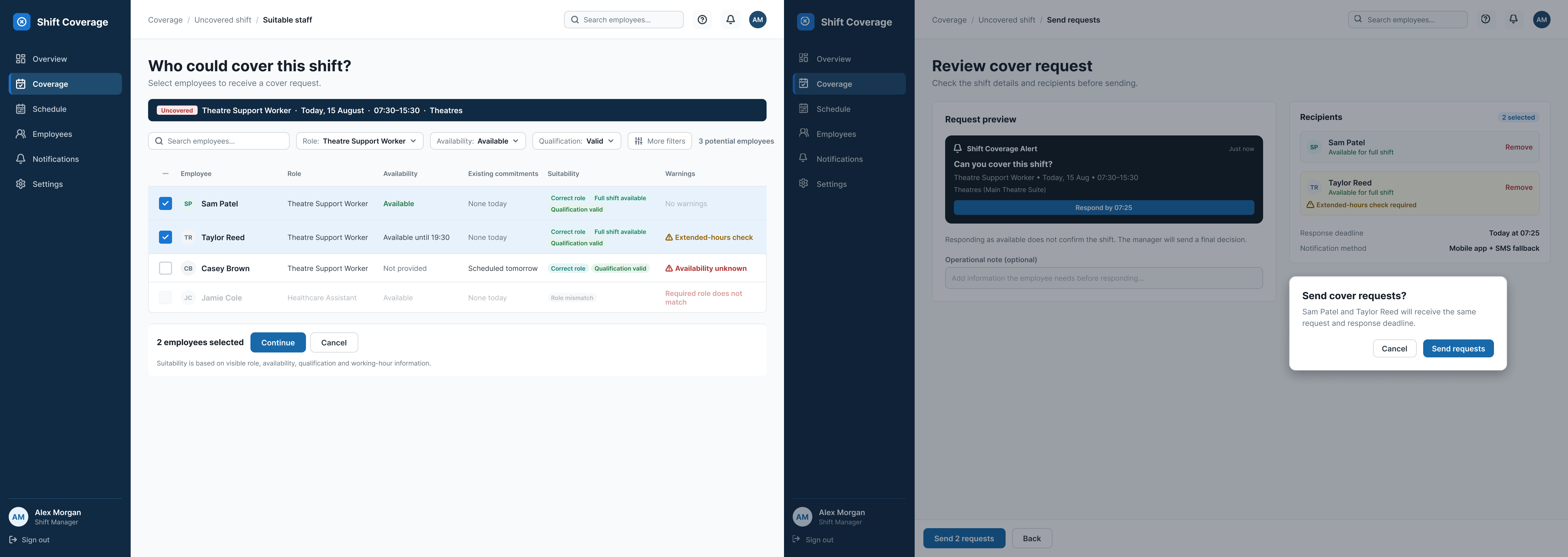 “Manager screens for comparing suitable employees and reviewing a cover request before sending it to two selected recipients.”