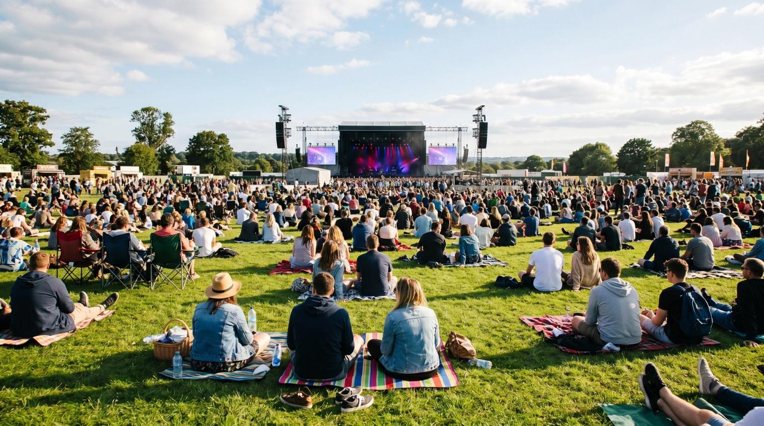 People sitting in a field at a festival