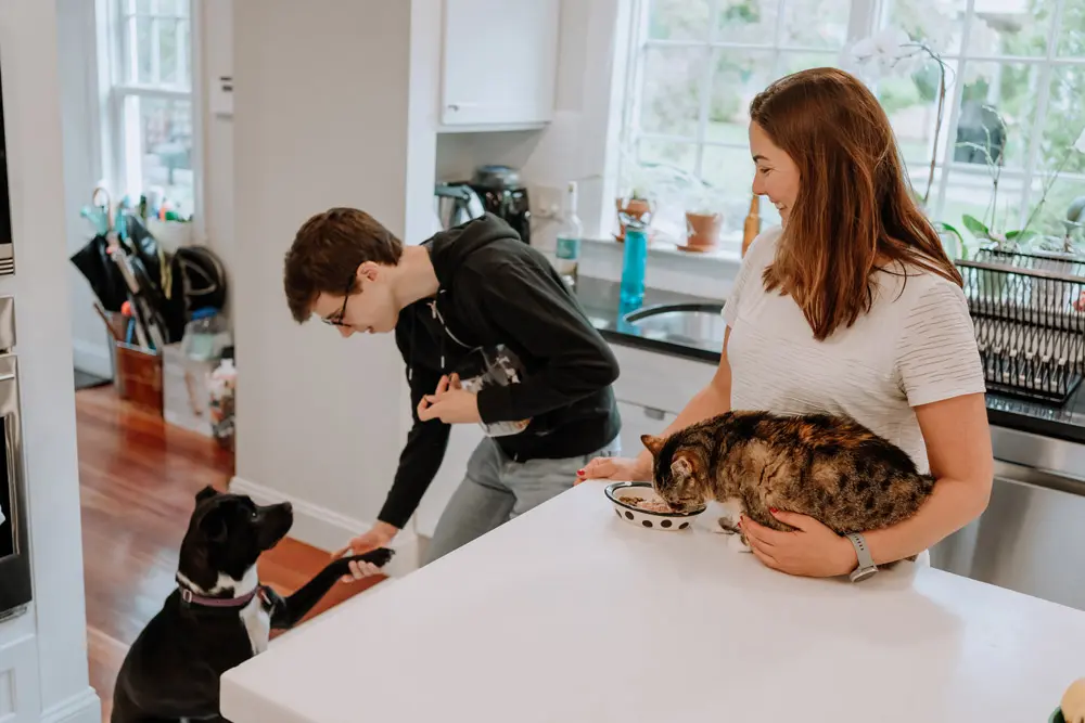 Madre e hijo jugando en la cocina con perro y gato