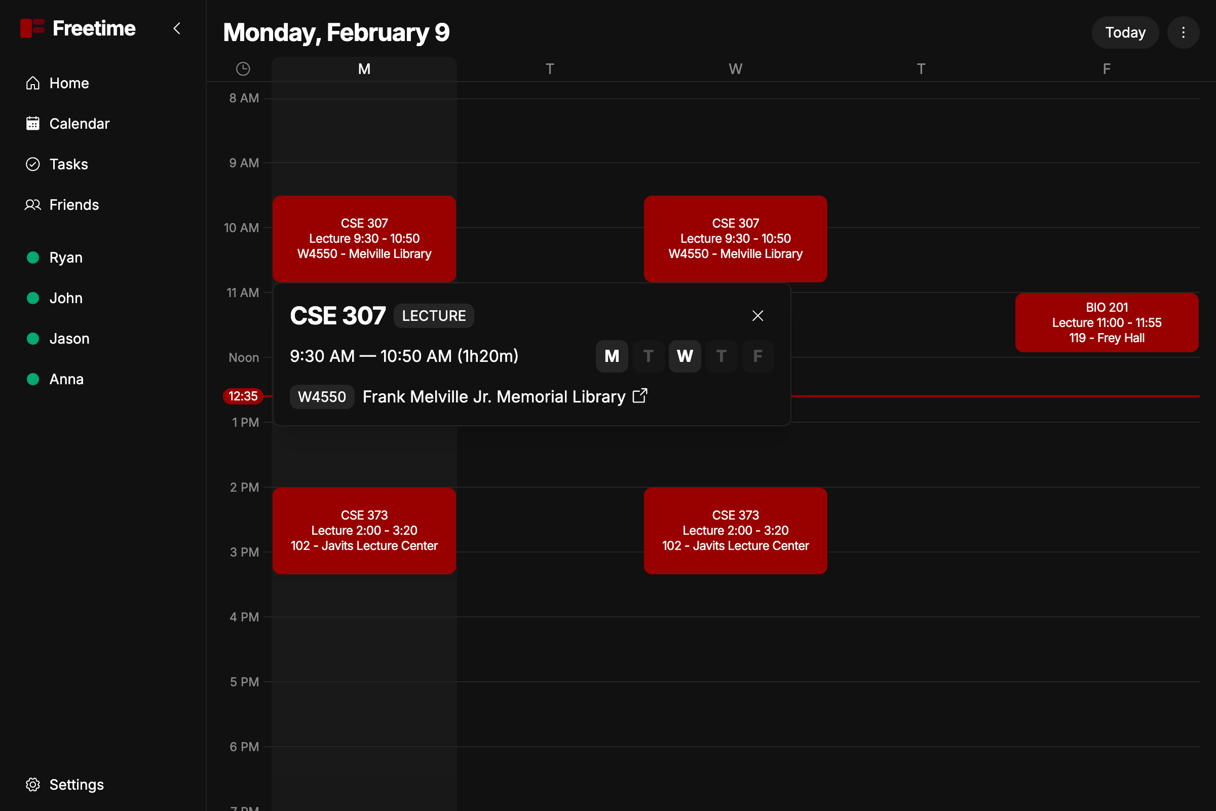Freetime calendar view
