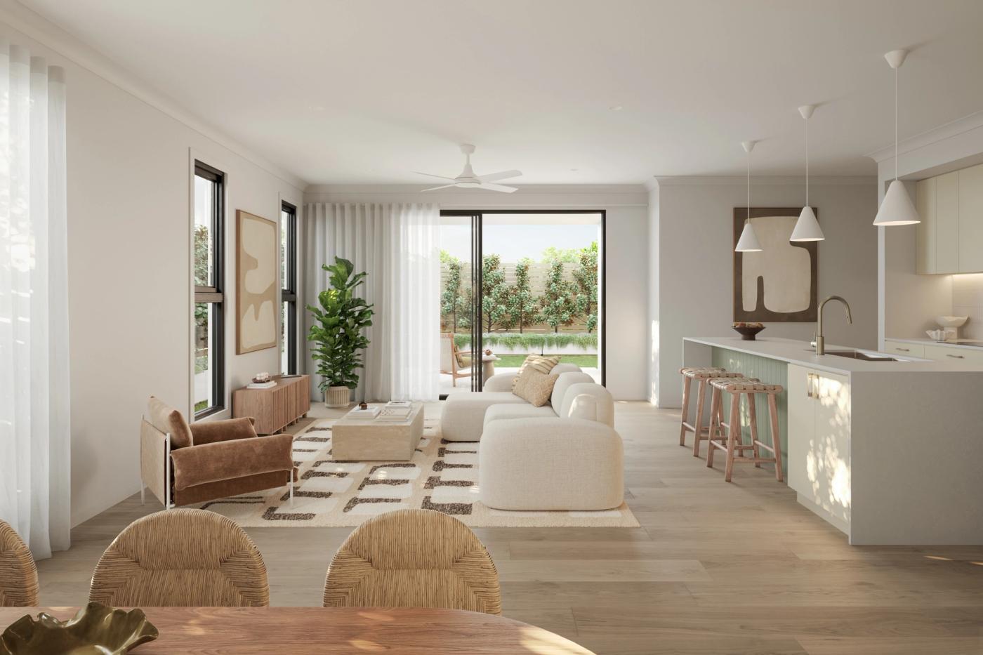 Modern archway on a cul-de-sac with leafy trees