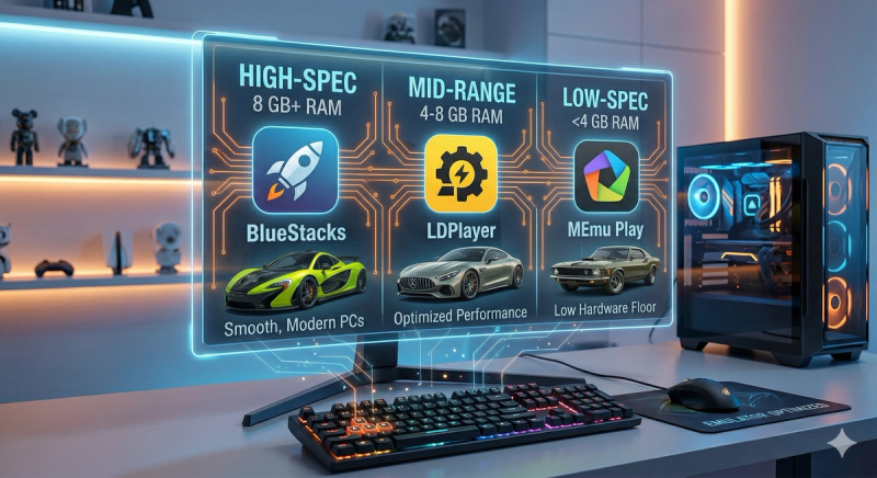 A holographic feature matrix projected above the desk setup