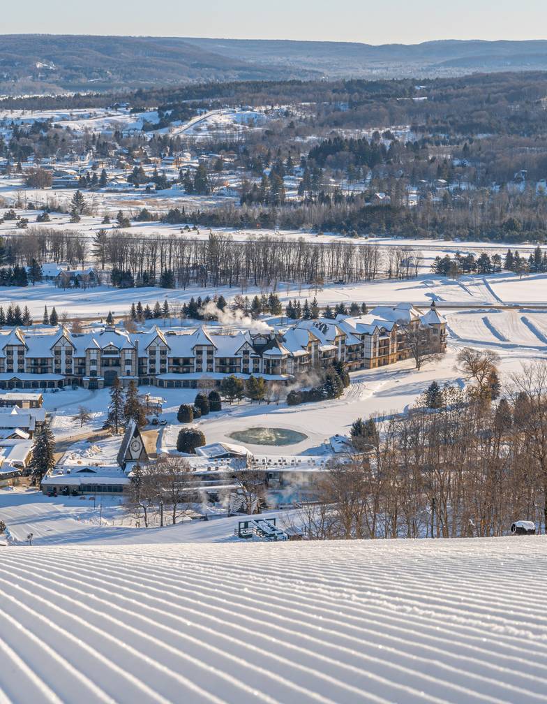 Fresh Corduroy looking down to Mountain Grand Lodge