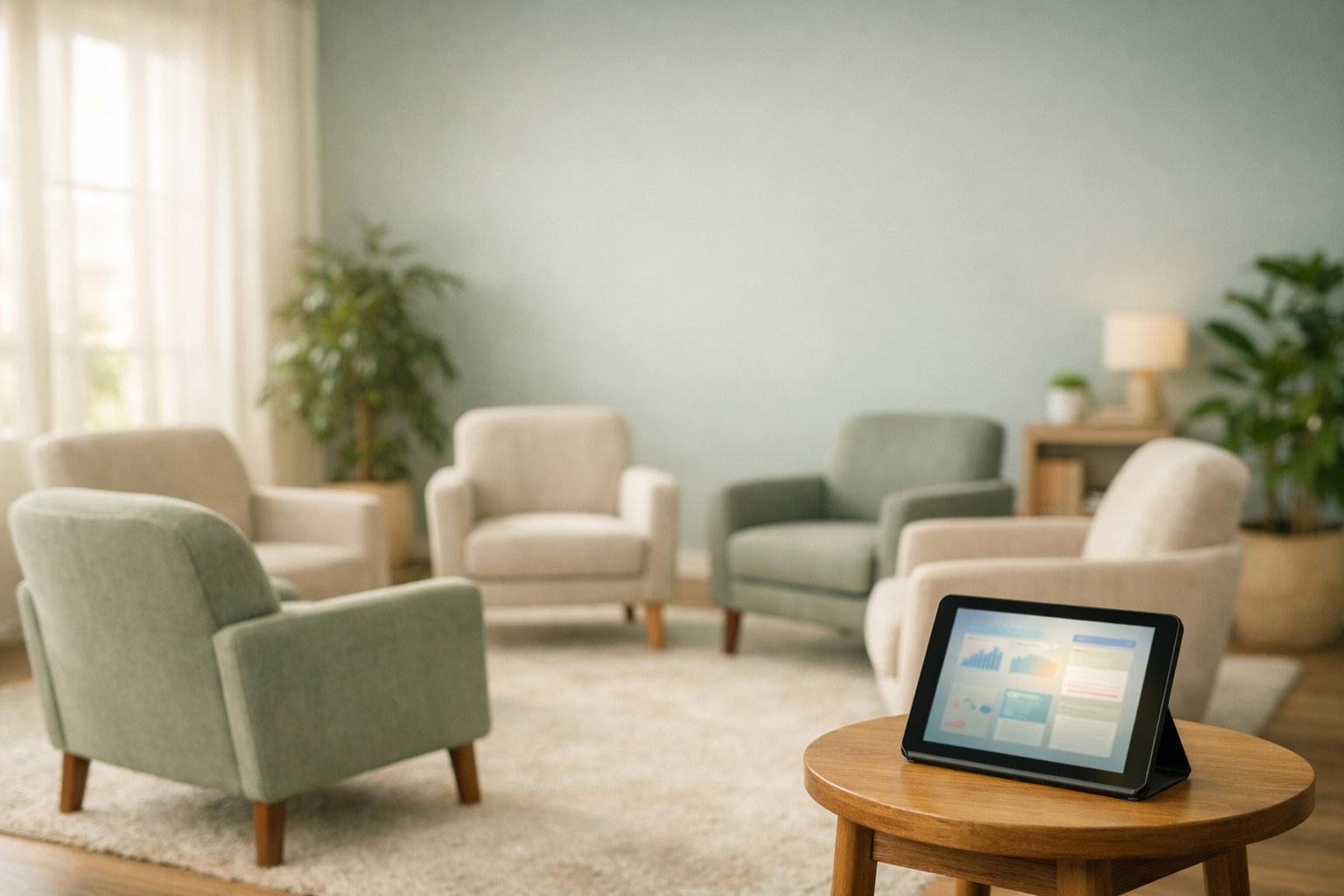 A circle of empty chairs in a bright, modern group therapy room with a tablet on a side table showing an abstract clinical dashboard.
