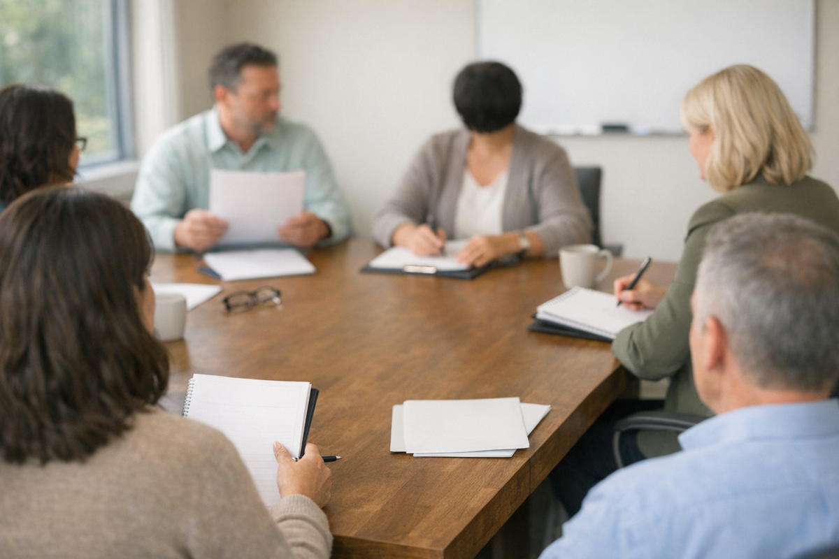 Group supervision session with multiple therapists reviewing fidelity against protocol using structured evaluation rubric